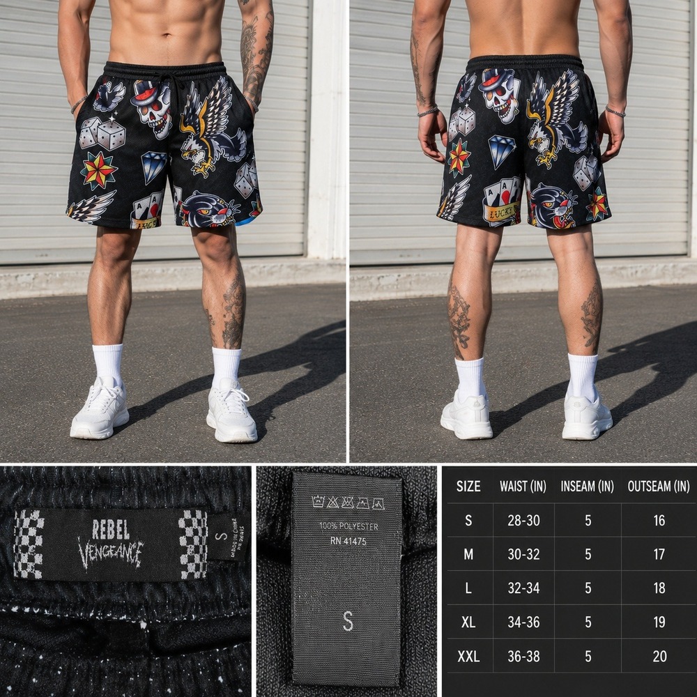 Rebel Vengeance Mens Tattoo Flash Mesh Shorts Black Small Eagle Skull Panther